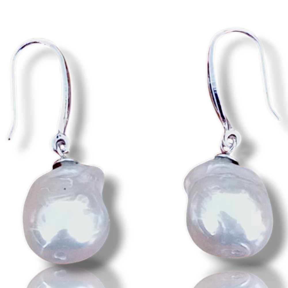 12MM White Pearl Drop Earrings in Rhodium Over Sterling Silver